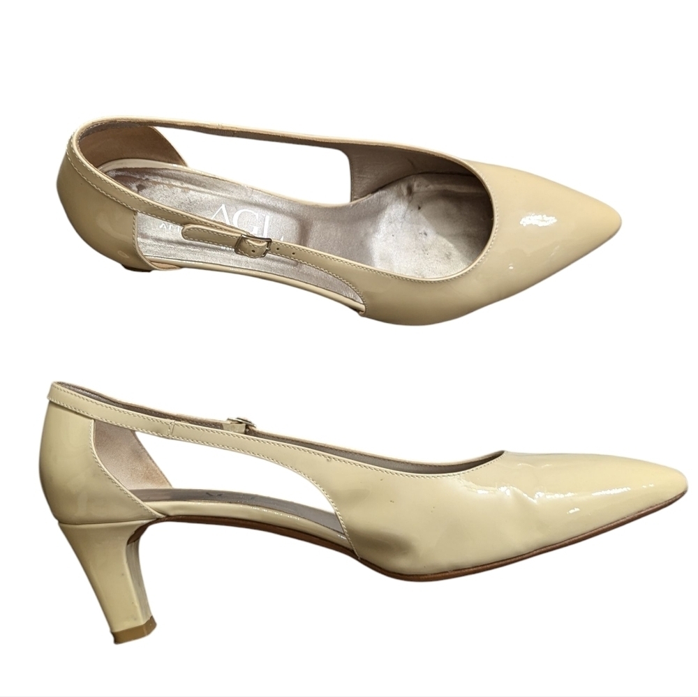 AGL Patent Leather Pointed Toe Slingback Pumps Cream EU 42 US 12
